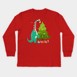 Funny Dinosaur Christmas Tree Kids Long Sleeve T-Shirt